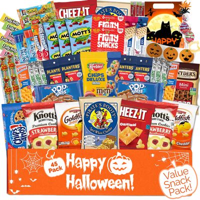Halloween Care Package Snack box (45) Candy Snacks Assortment Trick or Treat Cookies Food Bars Toys Variety Gift Pack Box Bundle Mixed Bulk Sampler for Children Kids Boys Girls College Students Office