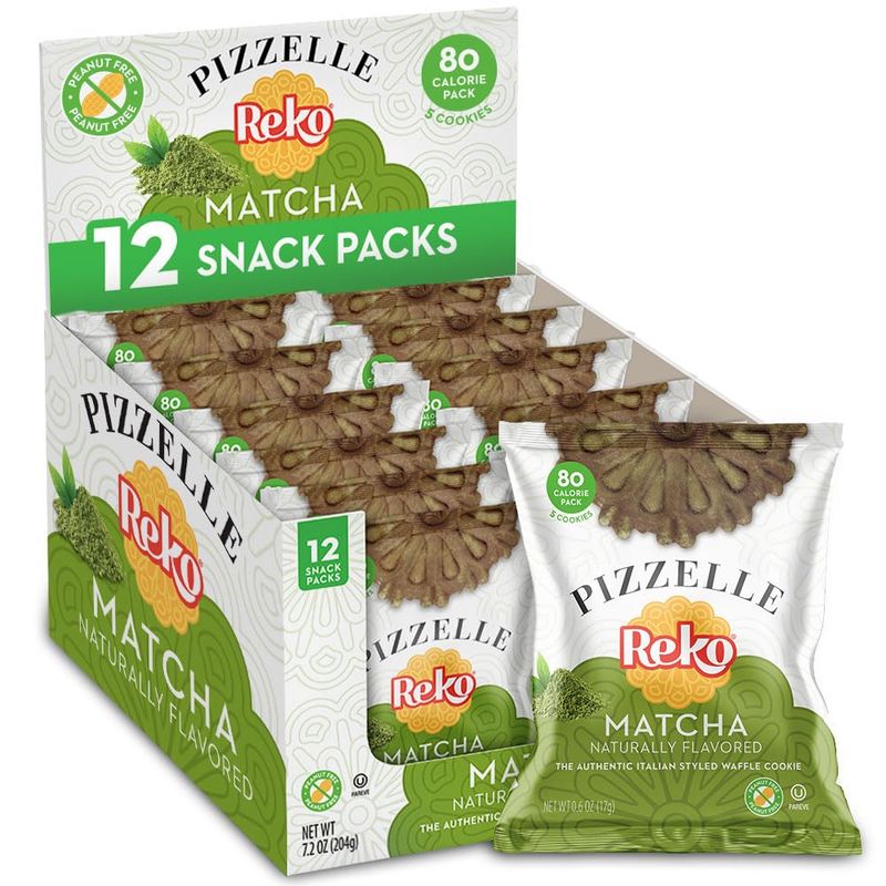 Reko Pizzelle Waffle Cookies, Individually Wrapped Single Serve Snack Packs - Italian Cookies with No Artificial Flavors, Colors or Preservatives - 5 Cookies per Pack, Box of 12 - Matcha