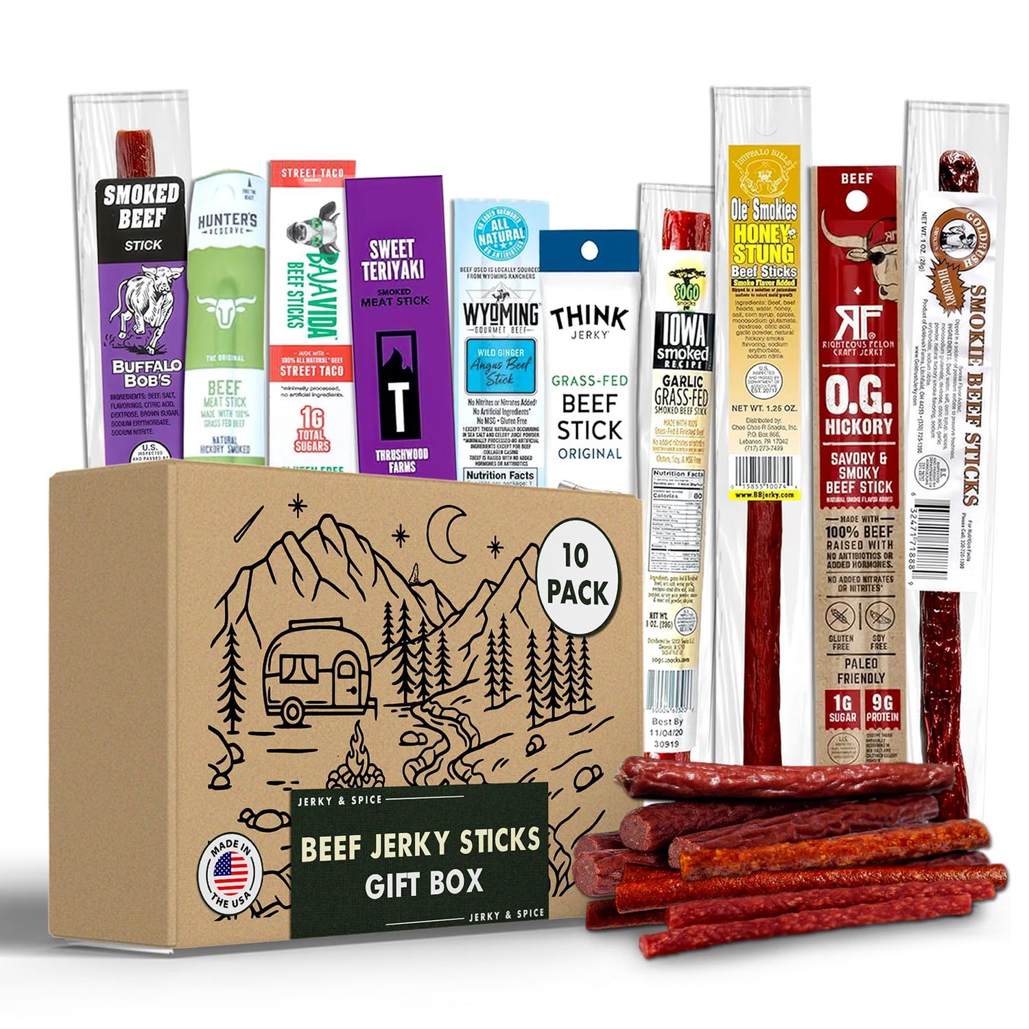 Ultimate Meat Stick Gift Box (10-Pack), Beef Jerky Gifts for Men, Healthy Protein Snacks Baskets for Men, Variety of Flavored Meat Sticks, Assorted Meat Sticks, Ideal Gifts Boxes for Birthdays