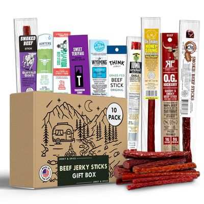 Ultimate Meat Stick Gift Box (10-Pack), Beef Jerky Gifts for Men, Healthy Protein Snacks Baskets for Men, Variety of Flavored Meat Sticks, Assorted Meat Sticks, Ideal Gifts Boxes for Birthdays