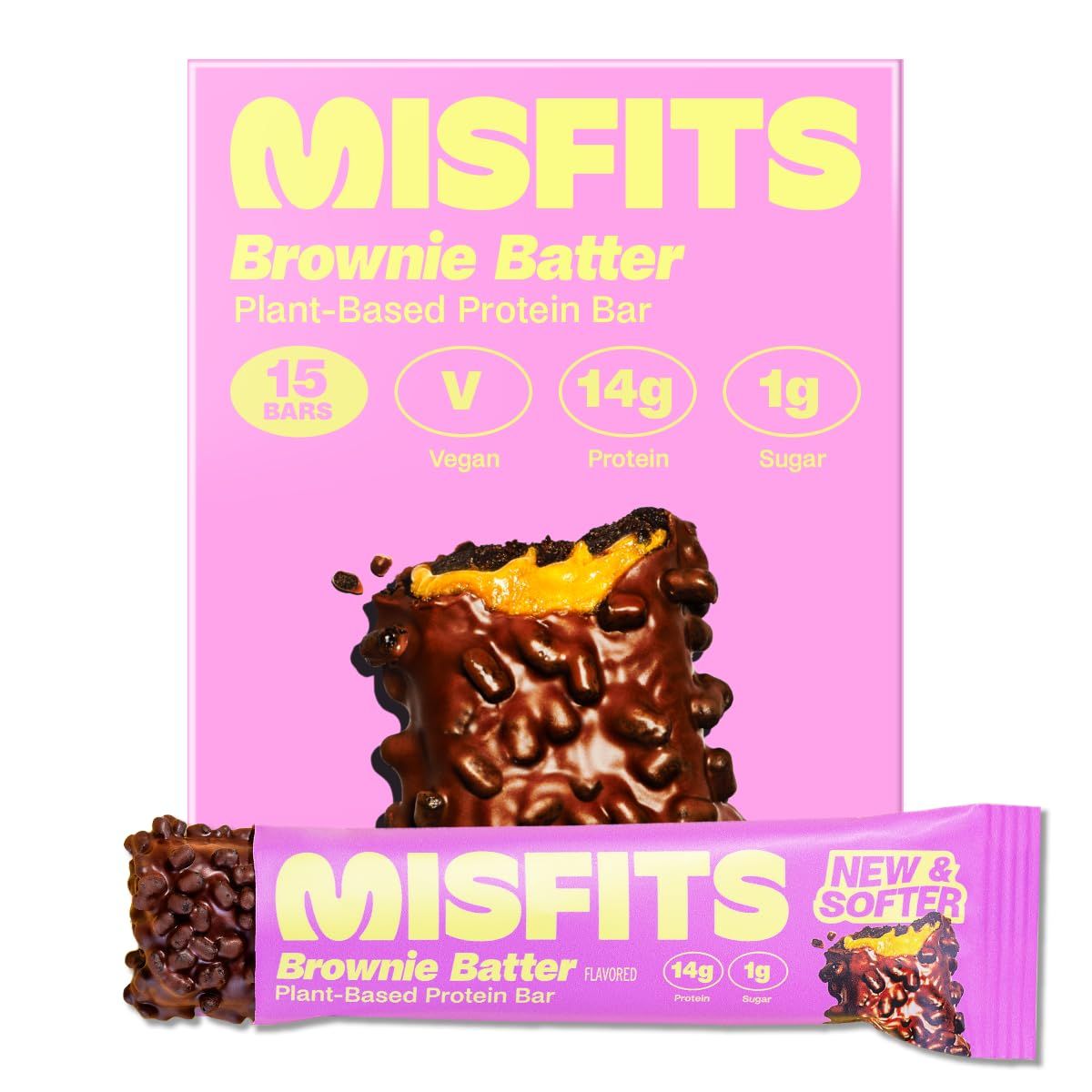 Misfits Vegan Protein Bars, Brownie Batter - Updated Recipe | Plant Based, Low Sugar &amp; Carb, High Fiber Snacks | Pack of 15