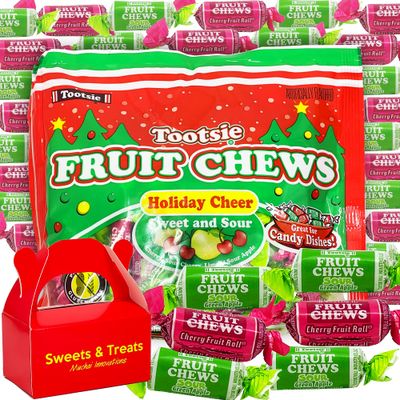 Fruit Chews | Holiday Cheer Sweet &amp; Sour Cherry Lime Apple | Individually Wrapped Gluten &amp; Peanut Free | Valentine Candy Dish Stocking Stuffer Deco Gift | Muchai Treat Box Included (1 Bag)