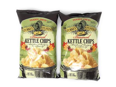 Trader Joe&#39;s Turkey and Stuffing Seasoned Kettle Chips, 2-pack. 7oz Each Bag.