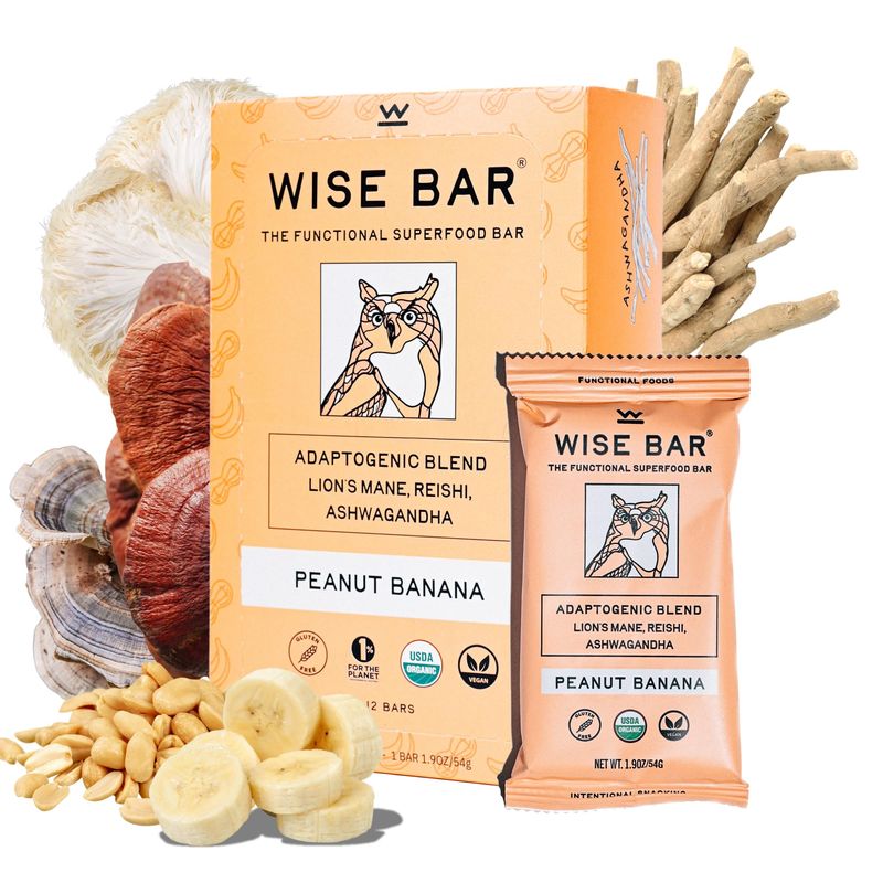 Wise Bar Adaptogen Mushroom Nutrition Bars | Peanut Butter Banana Flavor | 12 Count | Functional Mushrooms and Adaptogens Bar | Organic Nutrition Energy Bars, Vegan, Gluten Free
