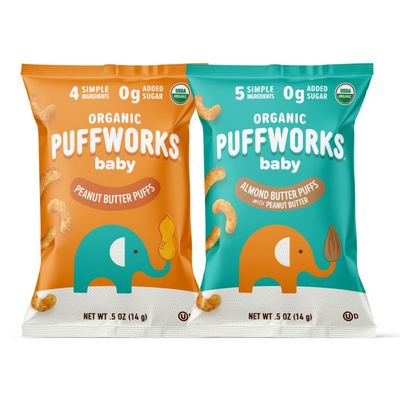 Puffworks Baby Peanut and Almond Variety Pack, Perfect for Early Peanut Introduction, Plant Protein, USDA Organic, Gluten-Free, Vegan, Non-GMO, Kosher, 0.5 Ounce (Pack of 12)