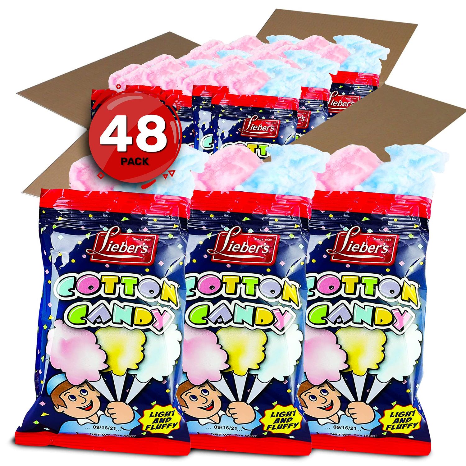 Lieber&#39;s Cotton Candy | 48 Pack of Light &amp; Fluffy Vintage Candy | Blue &amp; Red Carnival Birthday Party Favors Treats Supplies for Kids, Kosher | 0.8 Ounce Bags (48 Pack)