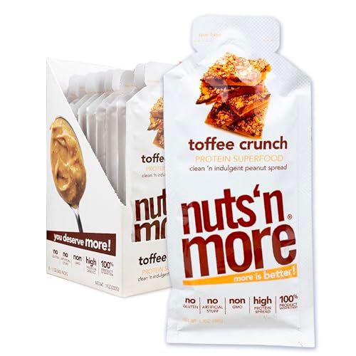 Nuts &#39;N More Toffee Crunch Snack Packs  High Protein Peanut Spread, All Natural, Healthy, Omega 3s and Antioxidants  Low Carb, Low Sugar, Gluten Free, Non GMO (1.10oz Packets, 10 Pack)