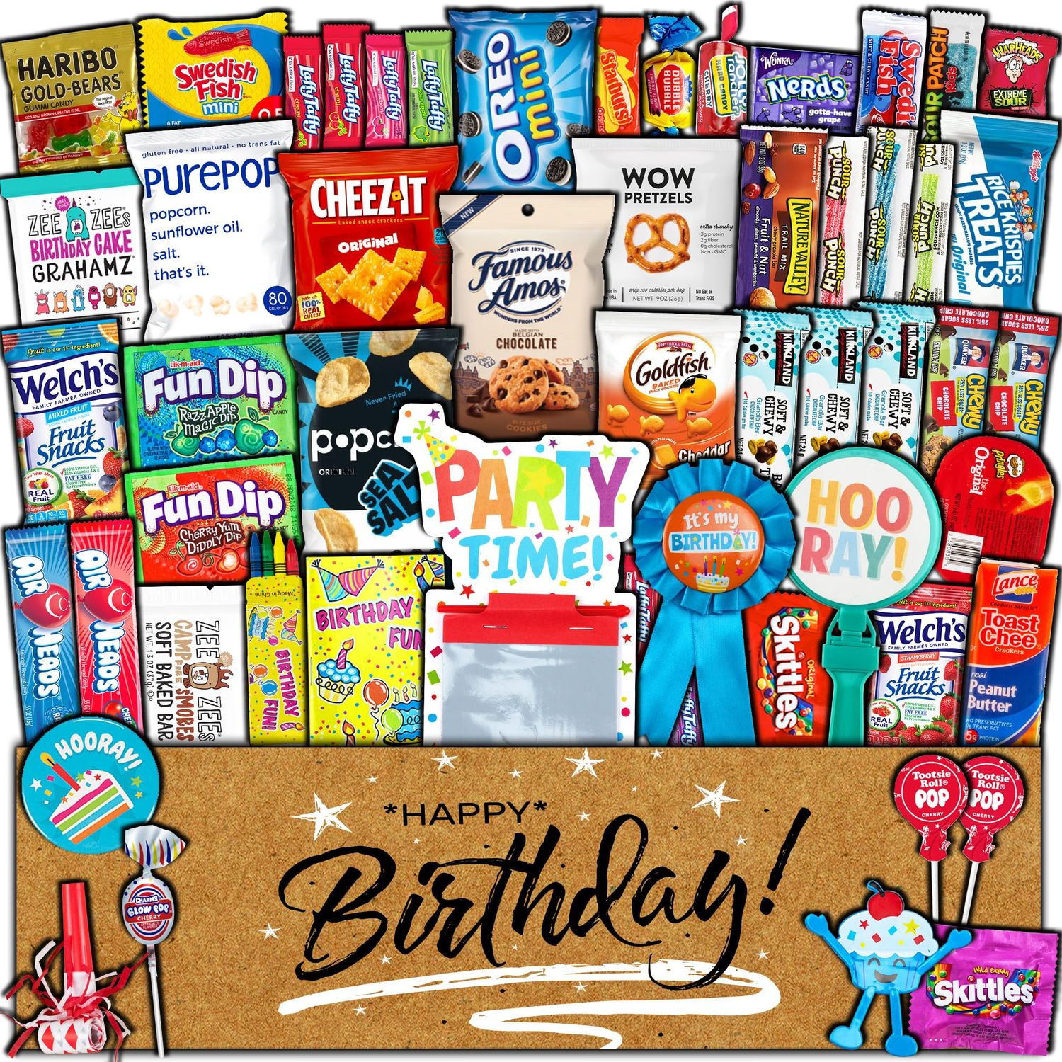 Birthday Celebration Care Package (50 Count) Snacks Food Cookies Bar Chips Candy Party Variety Gift Box Pack Assortment Basket Bundle Mix Bulk Sampler Treat College Students Kids Teens Office School