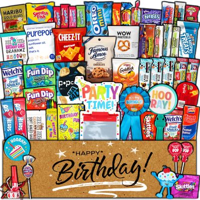 Birthday Celebration Care Package (50 Count) Snacks Food Cookies Bar Chips Candy Party Variety Gift Box Pack Assortment Basket Bundle Mix Bulk Sampler Treat College Students Kids Teens Office School