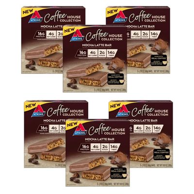 Atkins Coffee House Meal Bar, Mocha Latte, 16g Protein, 4g Net Carbs, 2g Sugar, 14g Fiber, Made with Real Coffee, 5 Count (Pack of 6)