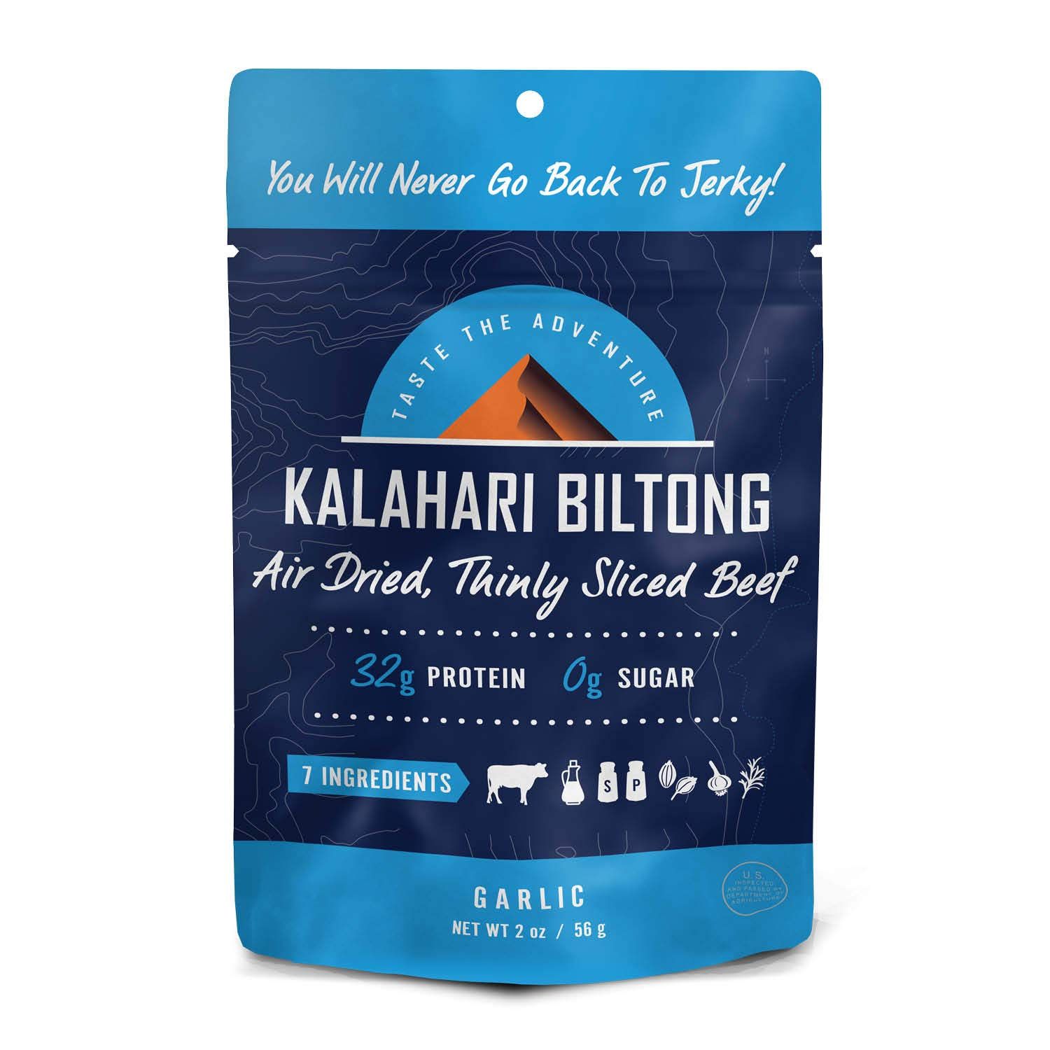 Garlic Kalahari Biltong, Air-Dried Thinly Sliced Beef, 2oz (Pack of 1), Sugar Free, Gluten Free, Keto &amp; Paleo, High Protein Snack