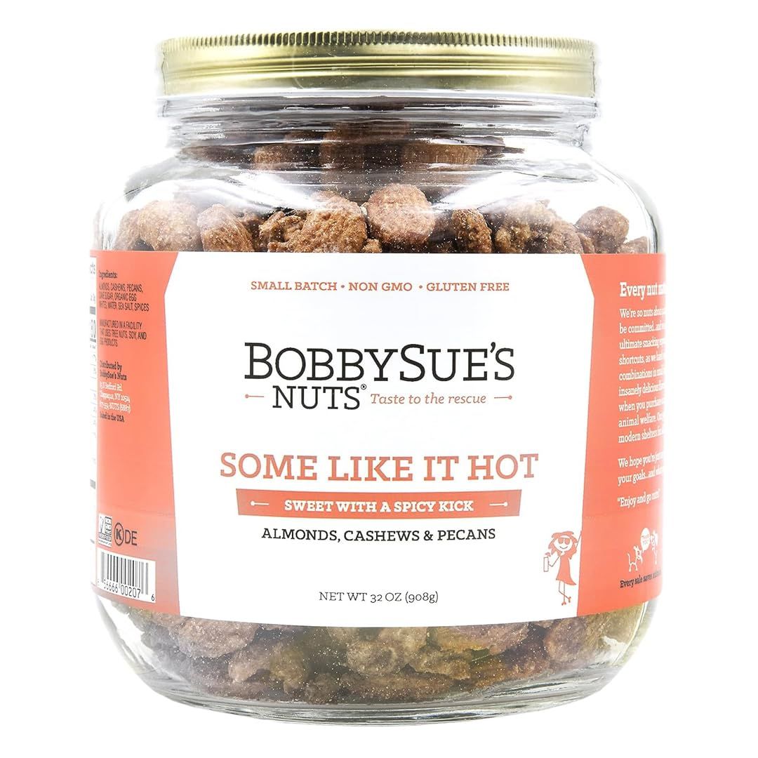 BobbySue&#39;s Nuts Some Like It Hot Style, All Natural, Healthy Snack, Gluten Free, Low Sugar, and High Protein Nuts Mix of Almonds, Cashews, Pecans, 32 Ounce, 1 Jar
