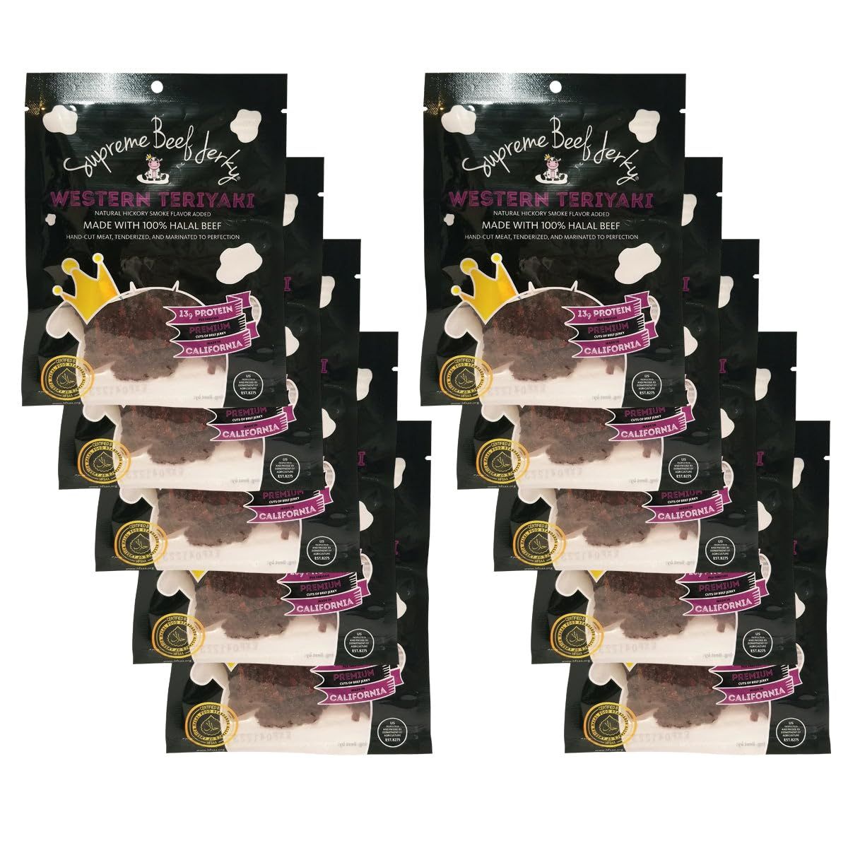 Supreme Beef Jerky, Halal Beef Jerky, Handcrafted Gourmet Meat Snacks, 10-Pack (2.5 oz bags) Western Teriyaki, Brown