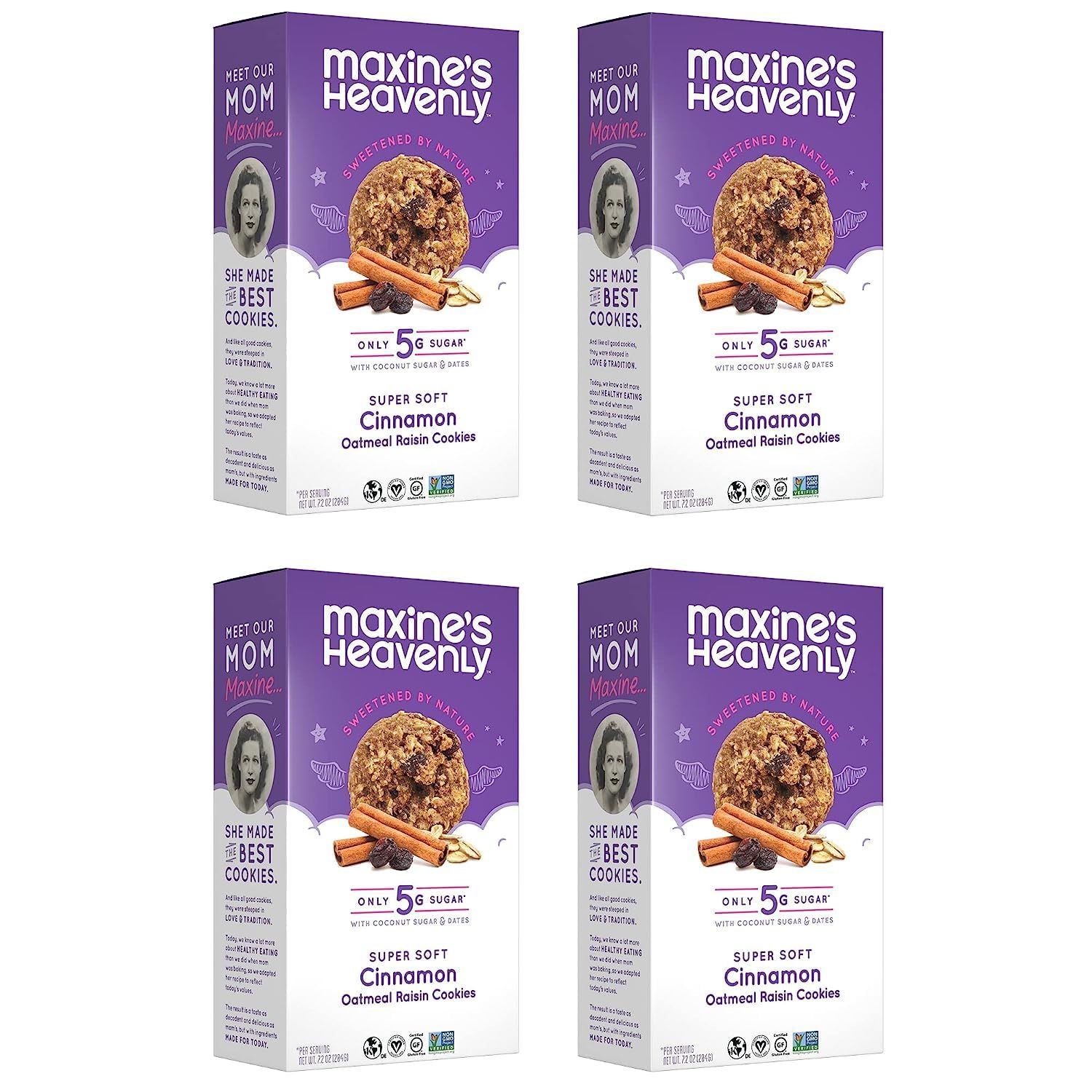 Maxine&#39;s Heavenly Cinnamon Oatmeal Raisin Cookies | Gluten Free, Made with Oats, Sweetened with Coconut Sugar &amp; Dates | Tasty Low Sugar Vegan Dessert | 7.2 Ounces Each (4 pack)