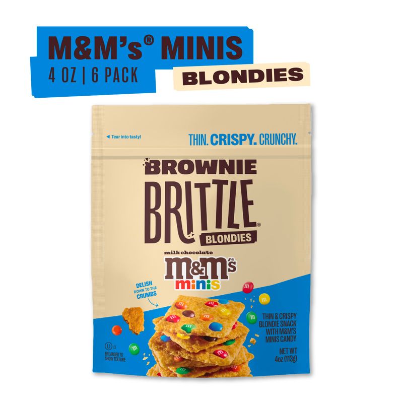 Sheila G's Brownie Brittle - M&amp;MS Minis Blondie Thin and Crispy Sweet Snacks (Pack of 6, 4 oz), Rich Gourmet Brownie Bites Dessert
