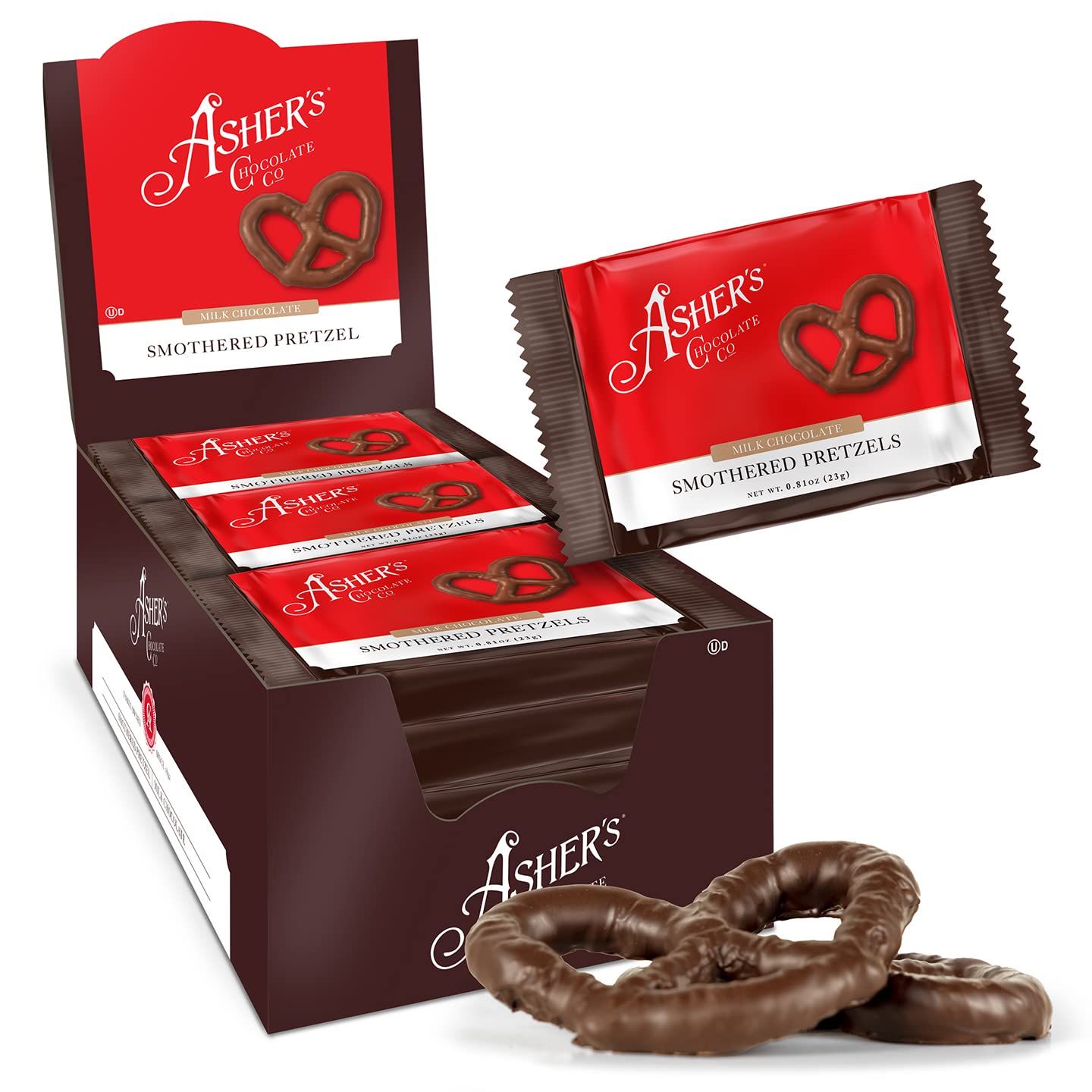 Asher&#39;s Chocolates, Chocolate Covered Pretzels, Gourmet Sweet and Salty Candy, Small Batches of Kosher Chocolate, Family Owned Since 1892 (18 count, Milk Chocolate)