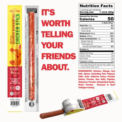 Field Trip Spicy Mango Habanero Chicken Jerky Sticks - Hormone Free, Zero Sugar, Keto, Paleo, Gluten Free, and Allergy Friendly Snack - 50 Calorie, High Protein Snacks - 1oz, 10 Pack