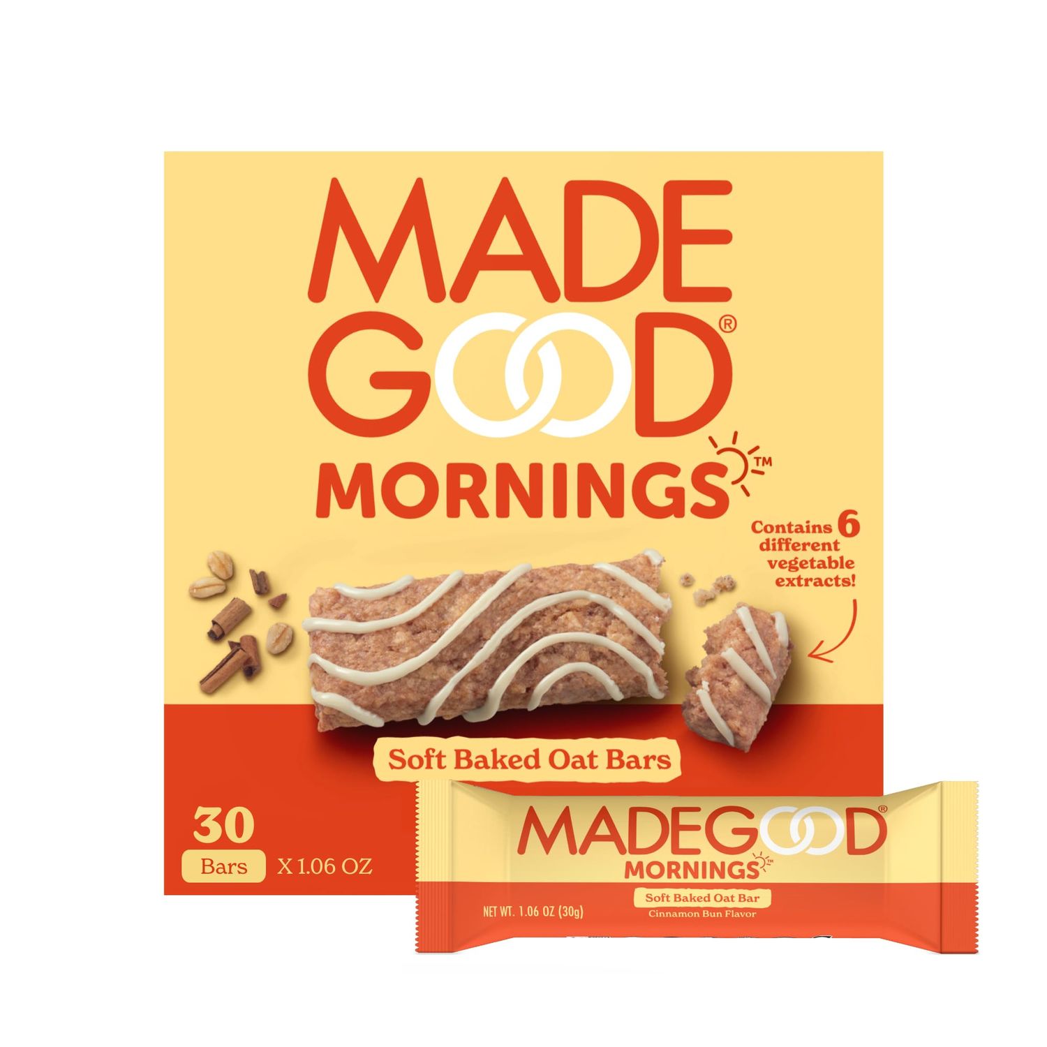 MadeGood Mornings Soft Baked Breakfast Bars, Cinnamon Bun 1.06 Oz (30 Count) Gluten Free Snacks