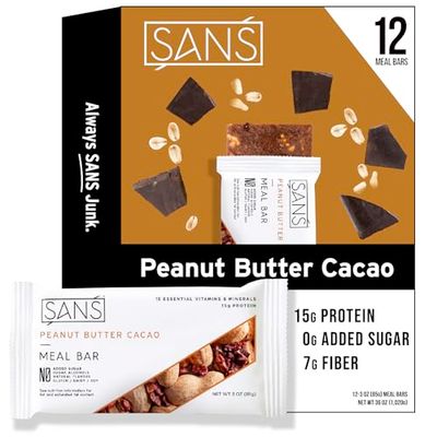 SANS Meal Replacement Protein Bar, Gluten Free, Healthy High Protein Snacks, High Fiber, No Sugar Added, Dairy Free, Soy Free, Peanut Butter Cacao, 12 Bars