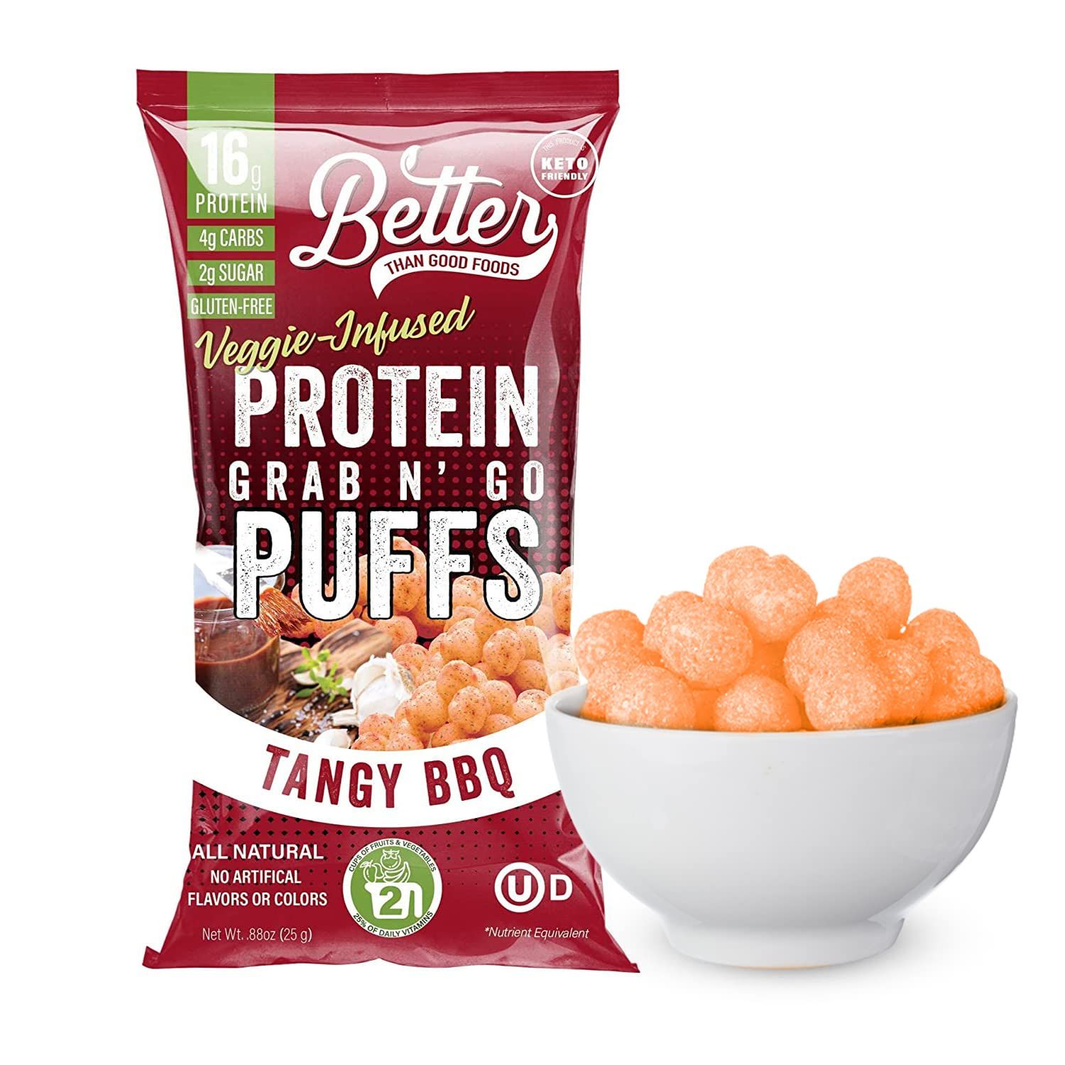 Better Than Good Savory Keto, Gluten-Free BBQ Protein Puffs (4-Pack) - Paleo, Low Sugar, Low Calorie, Diabetic Friendly Snacks | 16g Protein &amp; 2 Servings of Fruits &amp; Veggies