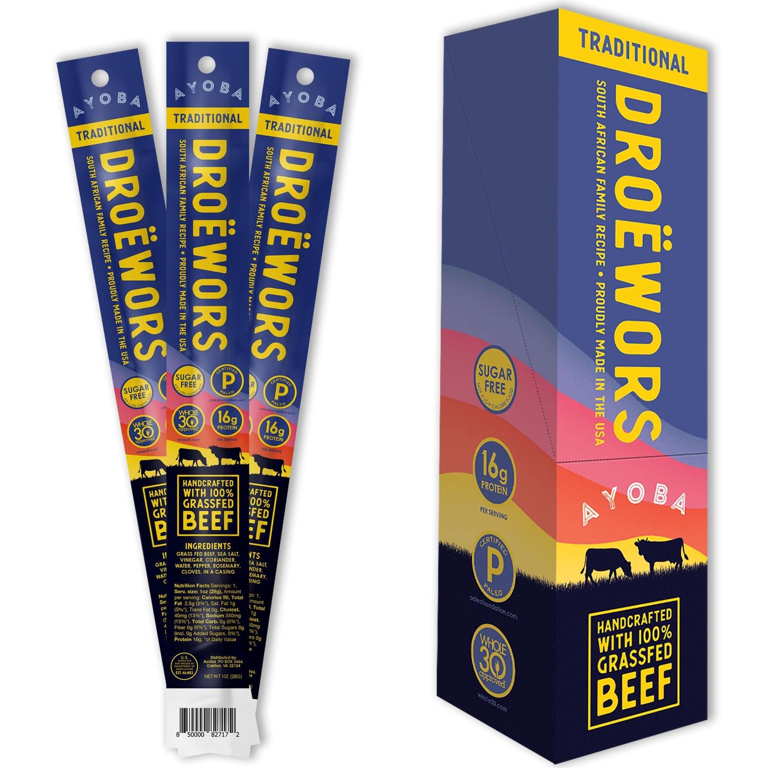 Ayoba Droewors Grass Fed Beef Paleo Sticks (1 Ounce, Pack of 12) Keto Friendly, Air-Dried Grass Fed Beef Snack - Gluten Free, Nitrate Free, No Sugar, Meat Snacks