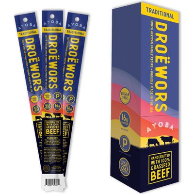 Ayoba Droewors Grass Fed Beef Paleo Sticks (1 Ounce, Pack of 12) Keto Friendly, Air-Dried Grass Fed Beef Snack - Gluten Free, Nitrate Free, No Sugar, Meat Snacks