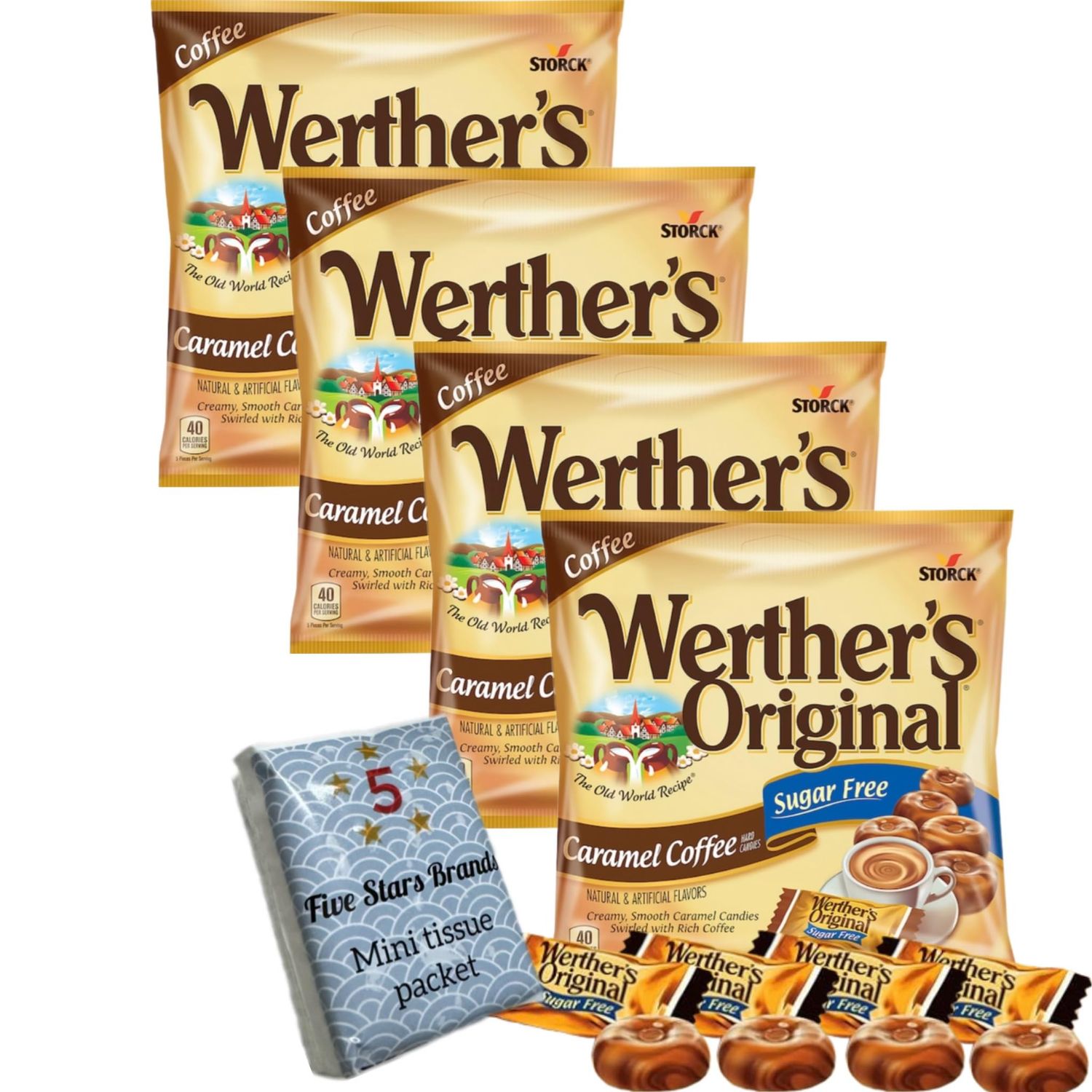 Werther&#39;s Original Caramel Coffee Sugar Free Hard Candy 4 Pack, 1.46 oz Bags- Diabetic Snacks, Low Carb Snacks, Keto Candy - Bundle with 1 Bonus pack of Five Stars Brands Mini Tissues Pocket