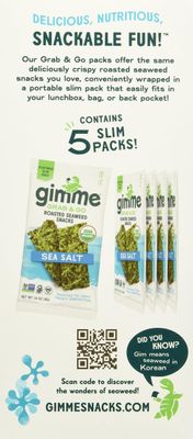 Gimme Grab &amp; Go Roasted Seaweed Snacks, Sea Salt, Portable Slim Packs, Vegan, USDA Certified Organic, Gluten Free &amp; Non-GMO, 5 Value Pack, 0.7 Ounce (Pack of 6)