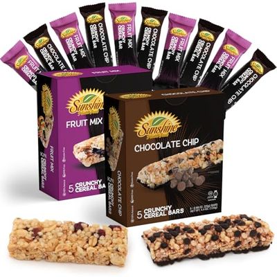 Crunchy Cereal Bars, 5 Chocolate Chip and 5 Fruit mix Cereal Snack Packs, Ideal Gluten-free Cereal Bars for Kids, Adults, and Families for a Tasty Option, Perfect Snack Food Bars for On the Go