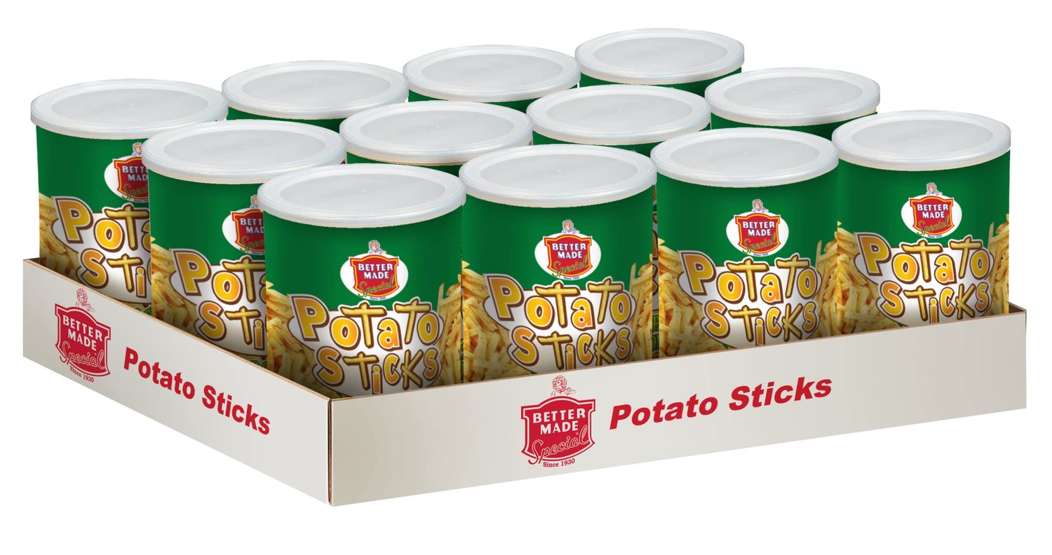 Better Made Potato Sticks 5oz Canister- (Sour Cream &amp; Onion, 12 Can Tray) - Shoestring Potato Sticks - Gluten Free - Crunchy, Crispy Snack from Fresh Potatoes - Resealable Lid
