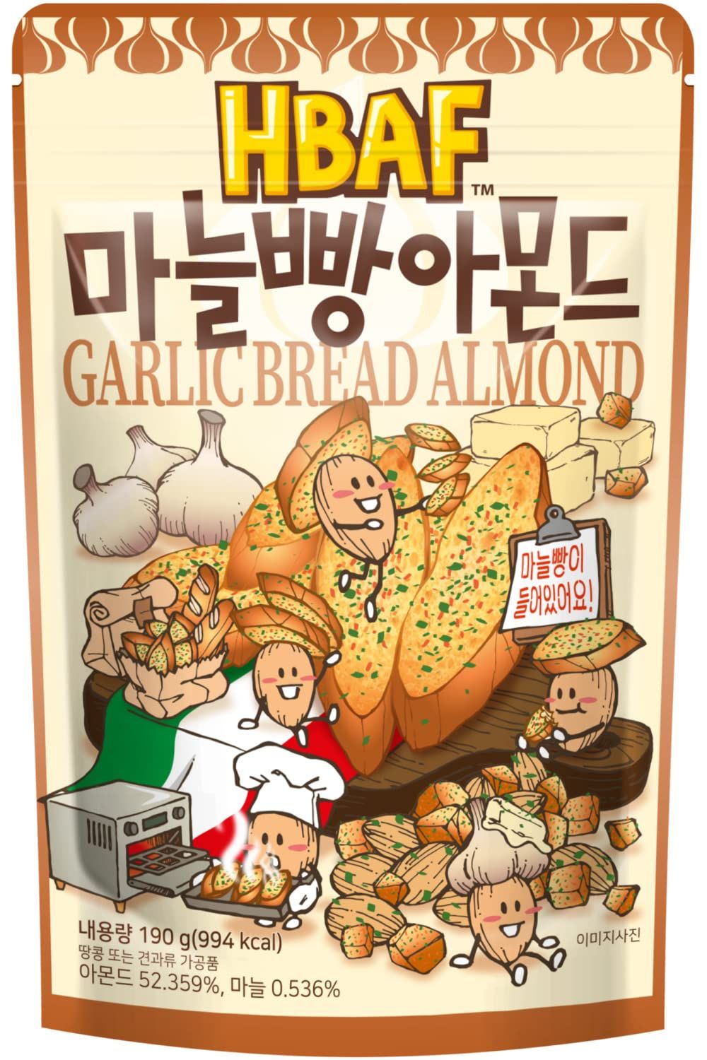 Official Gilim HBAF Korean Garlic Bread Seasoned Almonds Nut Protein Snack | After-School, Work, Trip Camping Snack | Pre-workout Snack | Asian Snack Korean Sovenior (Garlic Bread 1x190gram Pack)