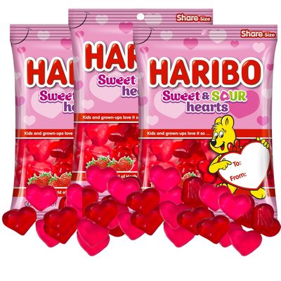 Valentines Day Sweet and Sour Candy Bags, Strawberry Flavored Gummy Treats, Valentine Gifts for Teens, Presents for Loved Ones, 3 Pack, 4 Ounces