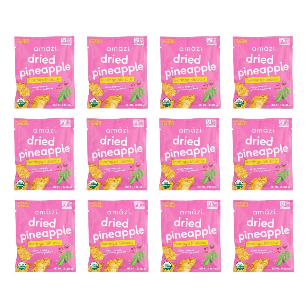 Amzi Foods  Dried Pineapple - Moringa Hibiscus (12 Pack)  All Natural Mini Travel Snacks  No Sugar Added Dried Pineapple  Dehydrated Fruit