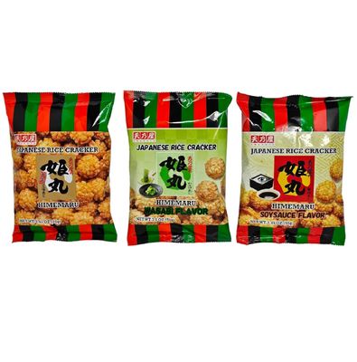 Himemaru Japanese Rice Crackers (Variety 3 packs: Original, Wasabi, Soysauce Flavor) (3.45oz,3.0oz,3.45oz)