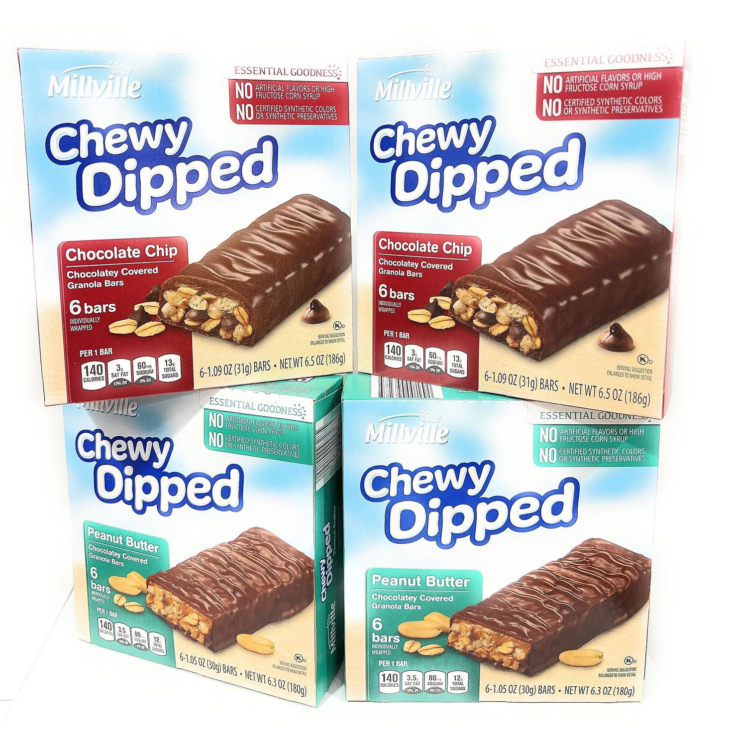 Millville Chewy Dipped Two Flavors Chocolaty Covered Granola Bars Combo Bundle 6.3oz 180g (Pack of Four)