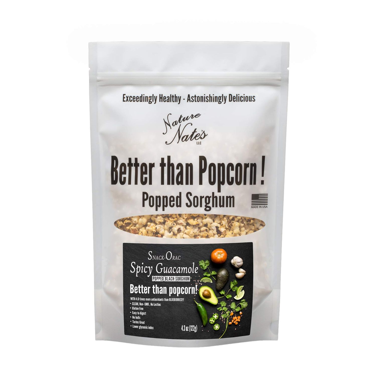 Nature Nates Popped Black Sorghum, Snack-Orac Spicy Guacamole - Keto &amp; Gluten Free, Healthy Snacks, Better Than Popcorn, Made in USA - 4.3 Ounce