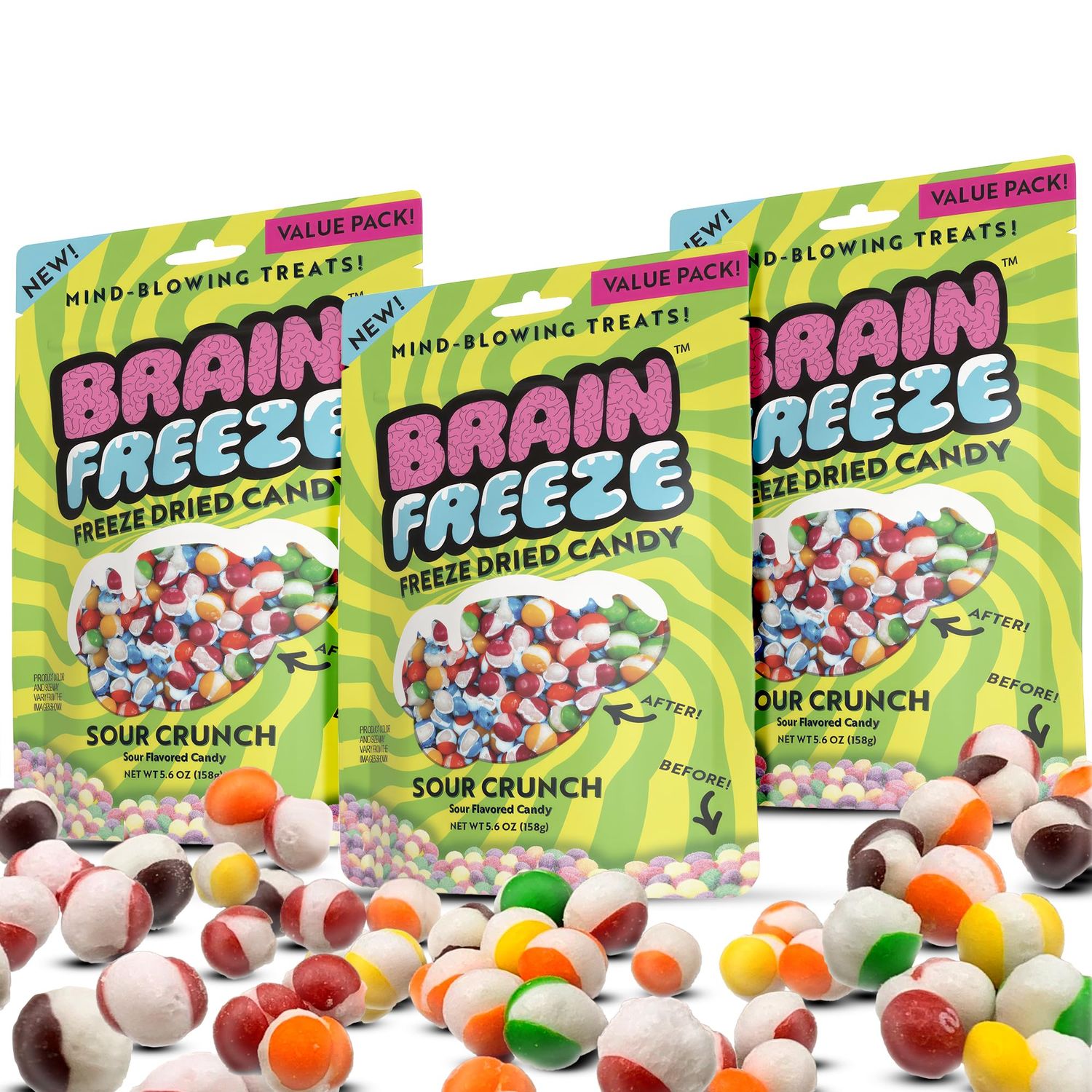 Brain Freeze Crunch Freeze-Dried Candy - Irresistible Sweet &amp; Tangy Gourmet Snack (3 Pack, Sour Rainbow Crunch)