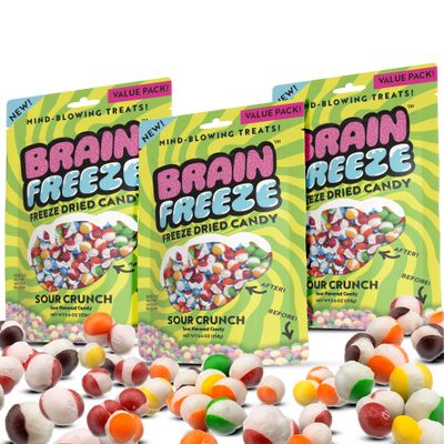Brain Freeze Crunch Freeze-Dried Candy - Irresistible Sweet &amp; Tangy Gourmet Snack (3 Pack, Sour Rainbow Crunch)