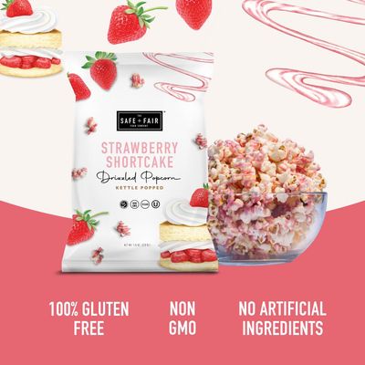 Safe Fair Food Company Plant-Based Gourmet Strawberry Flavored Popcorn - Strawberry Shortcake Drizzled Kettle Corn Popcorn - Non-GMO Gluten-Free Snacks,5.5oz