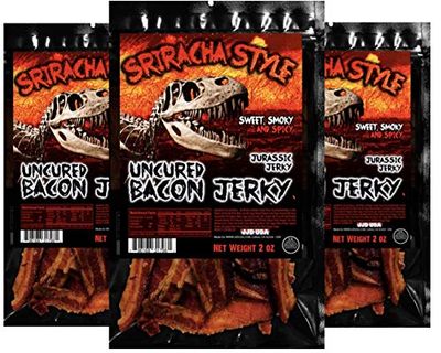 Sriracha Hot Sauce Bacon Jerky - Jurassic Jerky&#39;s Special Bacon Jerky with Amazing taste, MSG-Free Spicy Meat Snacks - Keto Food on the Go with Sriracha Hot Sauce Great protein boost - (3) 2 oz bags