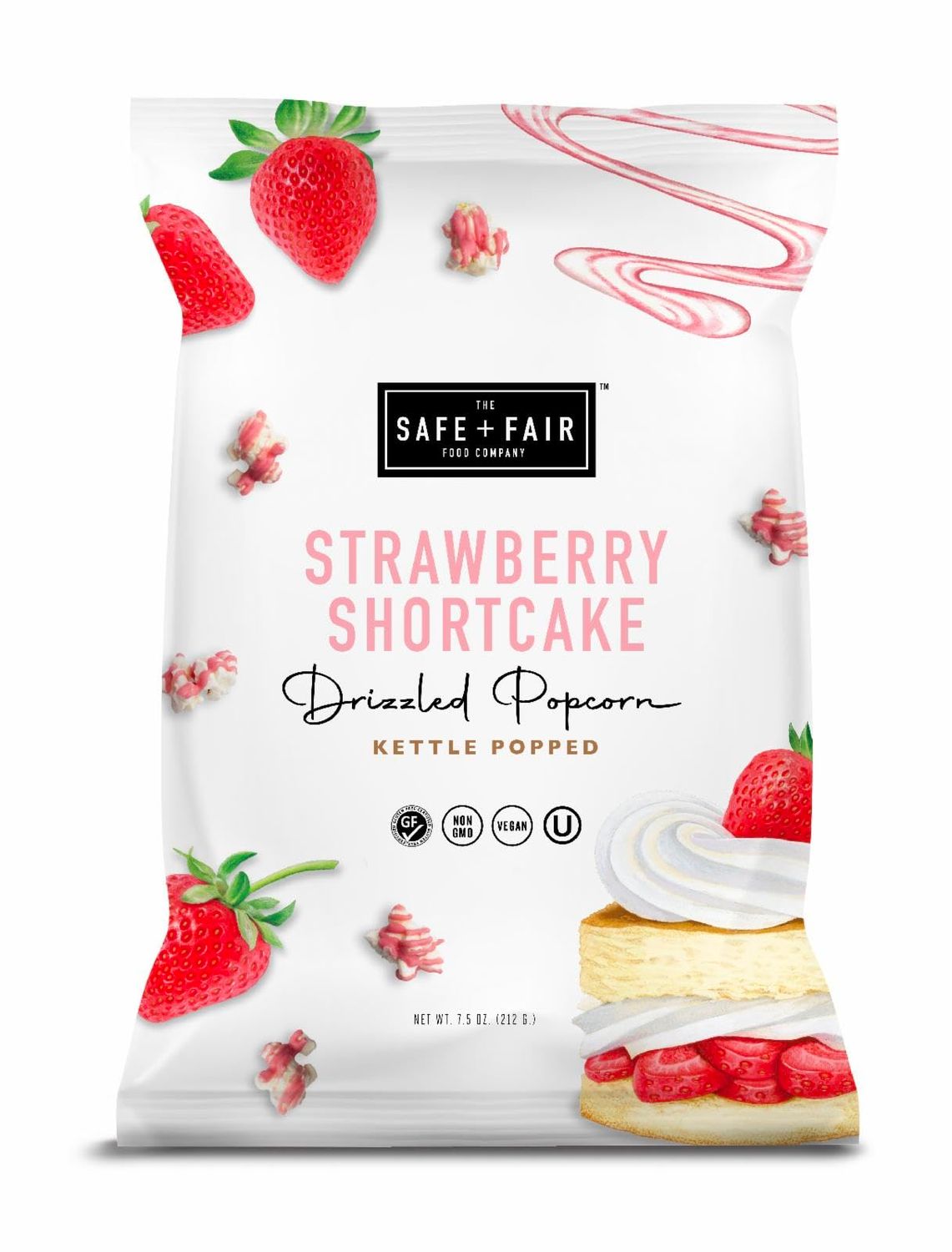 Safe  Fair Food Company Plant-Based Gourmet Strawberry Flavored Popcorn - Strawberry Shortcake Drizzled Kettle Corn Popcorn - Non-GMO  Gluten-Free Snacks,5.5oz
