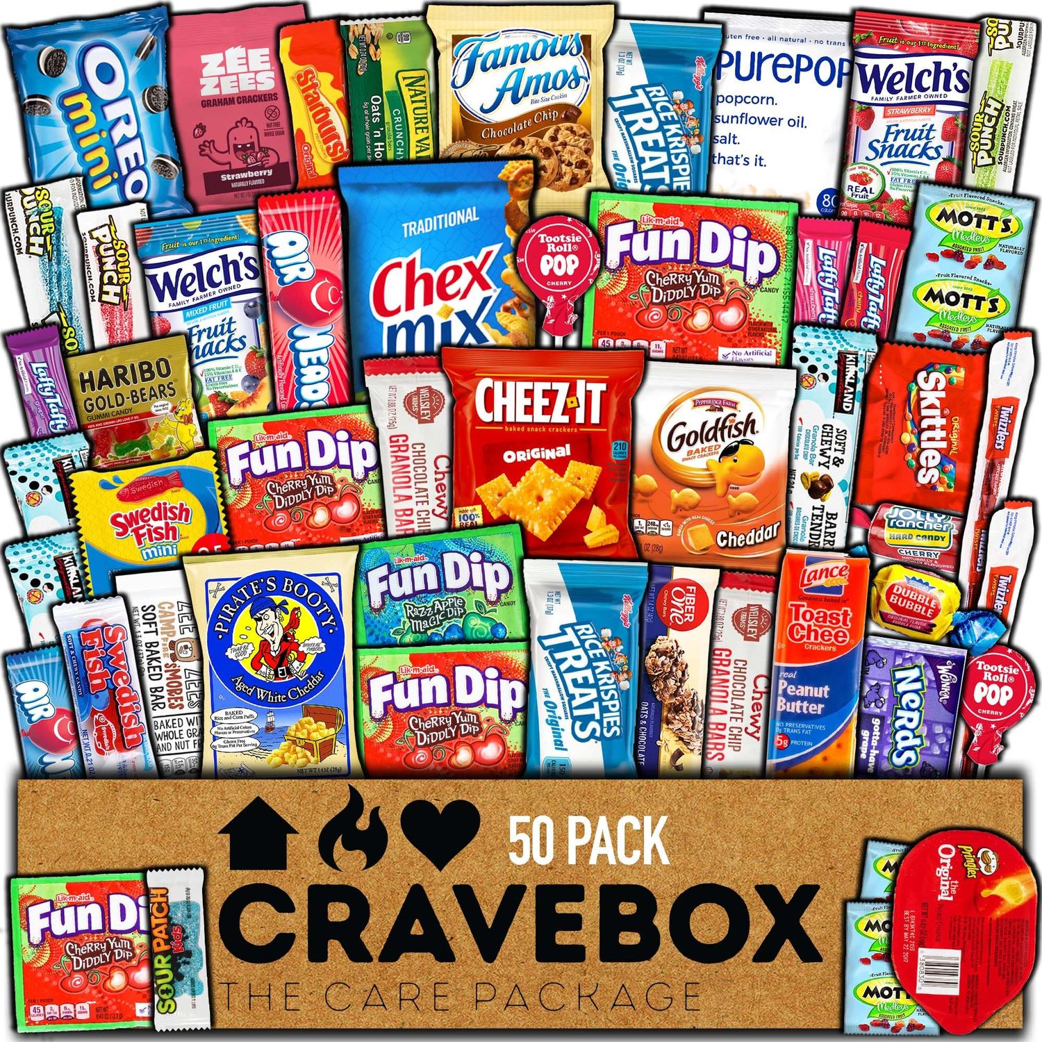 CRAVEBOX Snack Box (50 Count) Valentines Day Variety Pack Gift Care Package Basket Adult Kid Guy Girl Women Men Birthday College Student Office Back to School