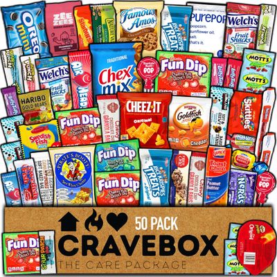 CRAVEBOX Snack Box (50 Count) Valentines Day Variety Pack Gift Care Package Basket Adult Kid Guy Girl Women Men Birthday College Student Office Back to School