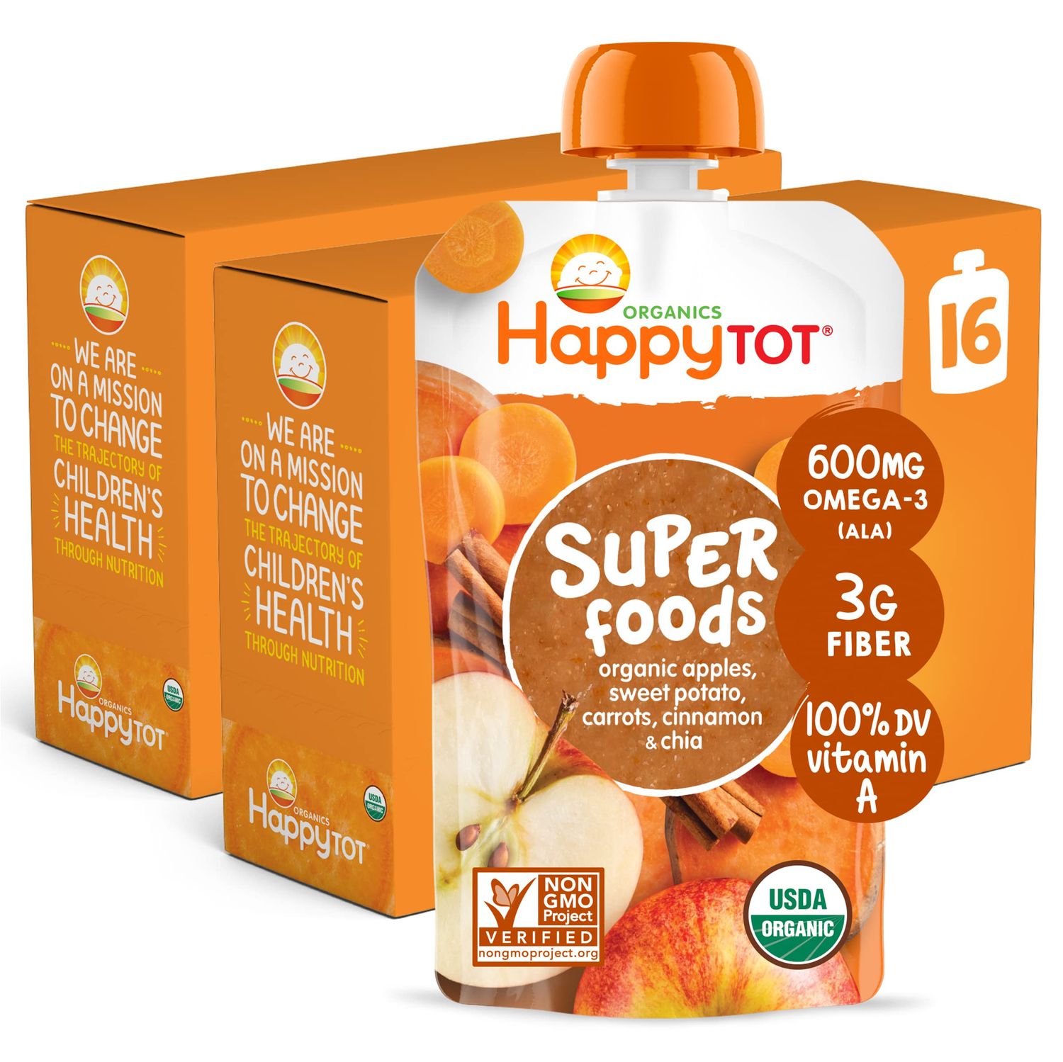 Happy Tot Organics Stage 4 Baby Food Pouches, Gluten Free, Vegan Snack, SuperFoods Fruit &amp; Veggie Puree, Apples, Sweet Potatoes, Carrots, Cinnamon &amp; Chia, 4.22 Ounce (Pack of 16)
