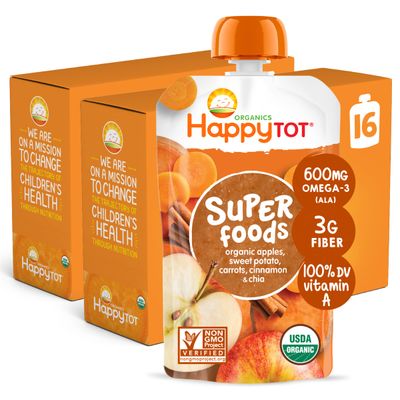 Happy Tot Organics Stage 4 Baby Food Pouches, Gluten Free, Vegan Snack, SuperFoods Fruit &amp; Veggie Puree, Apples, Sweet Potatoes, Carrots, Cinnamon &amp; Chia, 4.22 Ounce (Pack of 16)