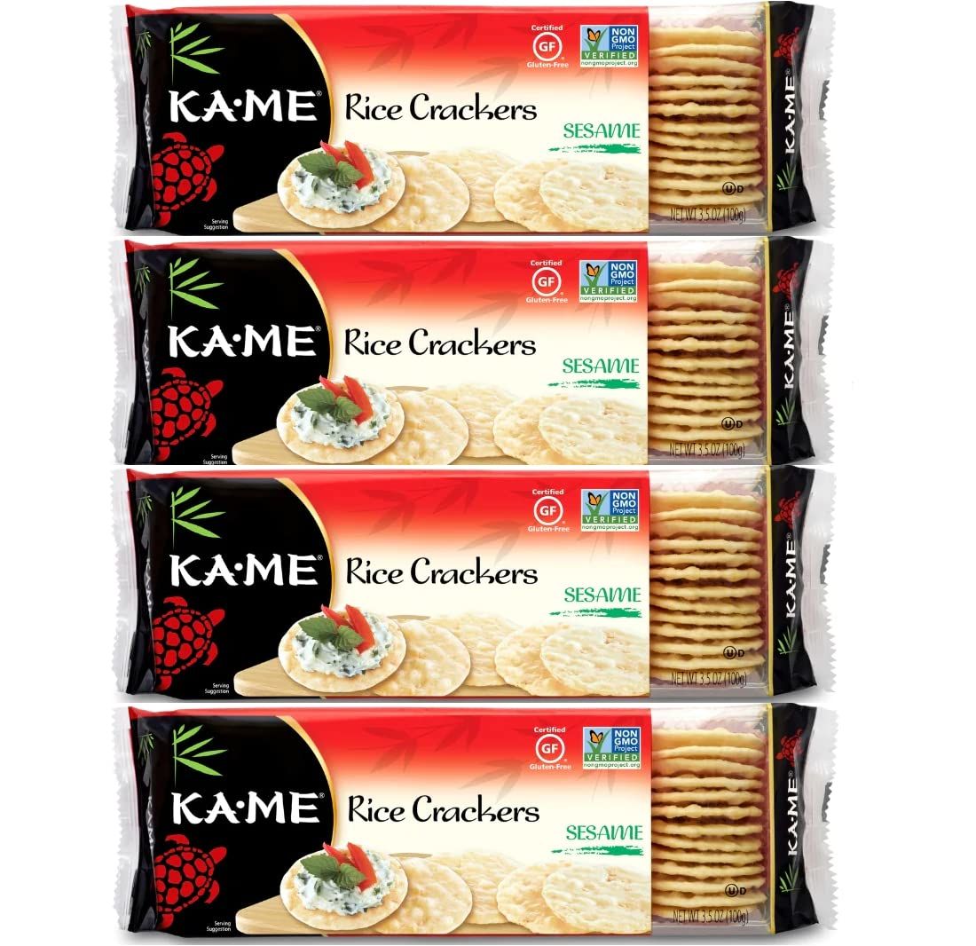 KA-ME Sesame Rice Crackers 3.5 oz, Authentic Asian Ingredients, Certified Gluten-Free, No Artificial FlavorsColors, Non GMO - (4 Pack)