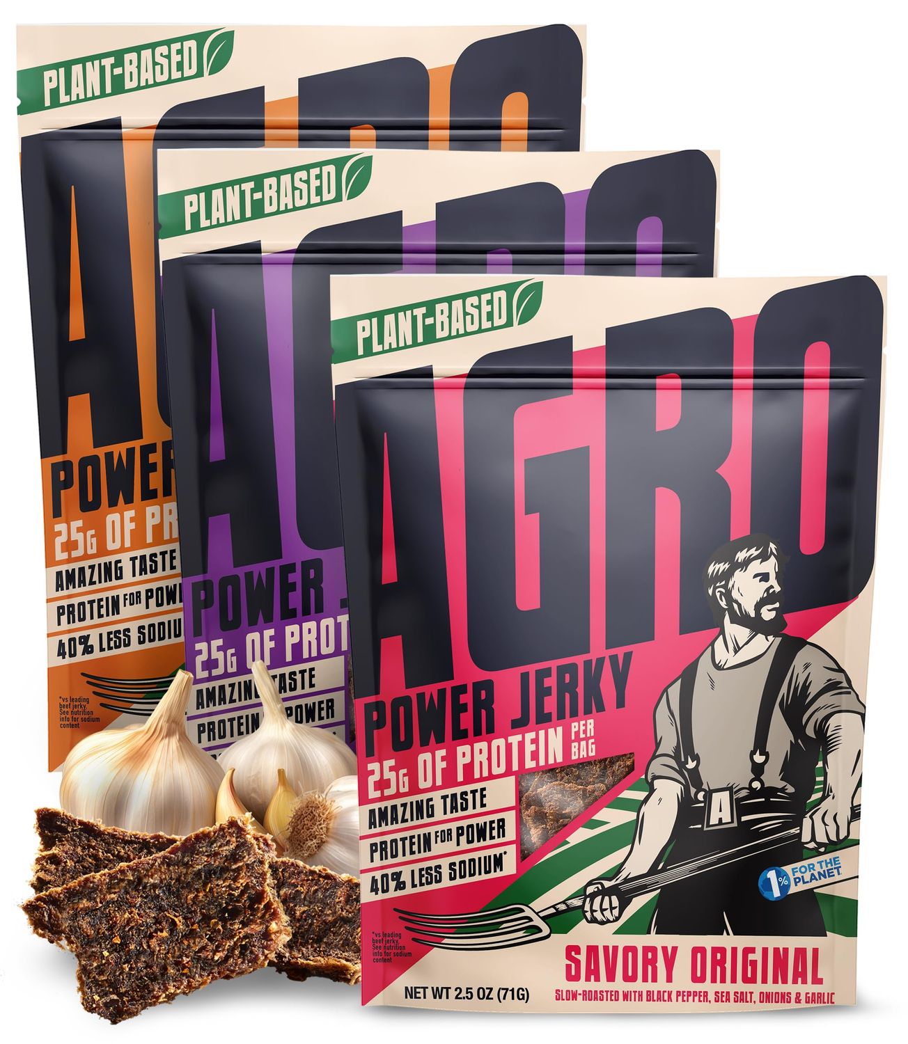 AGRO POWER Jerky Variety Pack - Improved Recipe - BBQ, Teriyaki, &amp; Savory Original Plant-Based Vegetarian Jerky - 25G Protein &amp; 40% Less Sodium - Smoky Vegan Jerky Snacks - 3 Pack Set