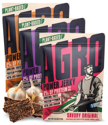 AGRO POWER Jerky Variety Pack - Improved Recipe - BBQ, Teriyaki, &amp; Savory Original Plant-Based Vegetarian Jerky - 25G Protein &amp; 40% Less Sodium - Smoky Vegan Jerky Snacks - 3 Pack Set