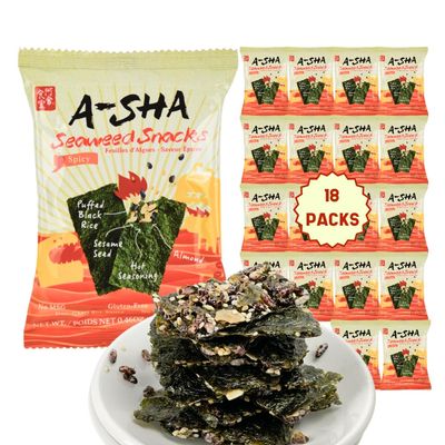 A-Sha Seaweed Snacks Spicy Flavor (18 Count) with Toasted Almonds, Roasted Sesame Seeds, Puffed Rice - Vegan, Low Calories, Gluten-Free, Trans Fat Free