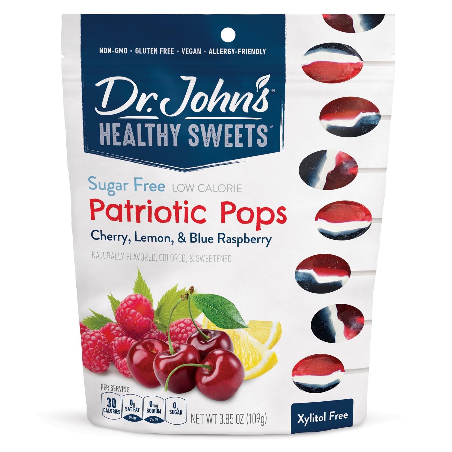 Dr. Johns Sugar Free Candy, Healthy Lollipops with Zero Sugar, Low Calorie Snacks, Keto Friendly Hard Candy Sweets, Patriotic Flavors, Tooth, 14 Count, 3.85 Oz